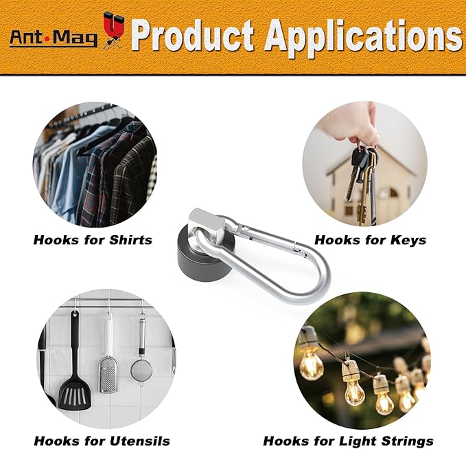 Ant Mag Magnets Hooks Heavy Duty with Carabiner 22lbs Strong Magnets Great Hanging for Refrigerator Cruise Cabin Grill Wreath Kitchen Office 10 Pack Black