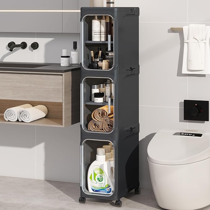 KHNR 3-Tiers Slim Bathroom Storage Cabinet, Foldable Storage Cabinets,Narrow Bathroom Storage,Movable Bathroom Storage Organizer for Small Spaces,Bathroom,Kitchen,Laundry,Black