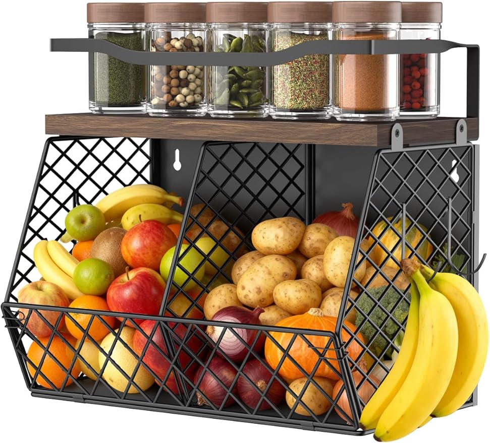 3-in-1 Magnetic Fruit & Vegetable Basket with Spice Rack Shelf for Fridge - Wall Mount Countertop Kitchen Wire Storage Organizer for Produce Potato Onion, Kitchen Essentials and Decor, Rustic