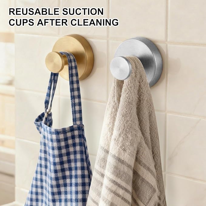 Suction Cup Hooks Applicable Shower No-Drill Bathroom Hooks for Towels, Ornament，Robes, Loofah Mountable on Bathroom Walls, Kitchen, Glass, Mirrors, Tile and Smooth,Non-Porous Surfaces (Golden 2pcs)