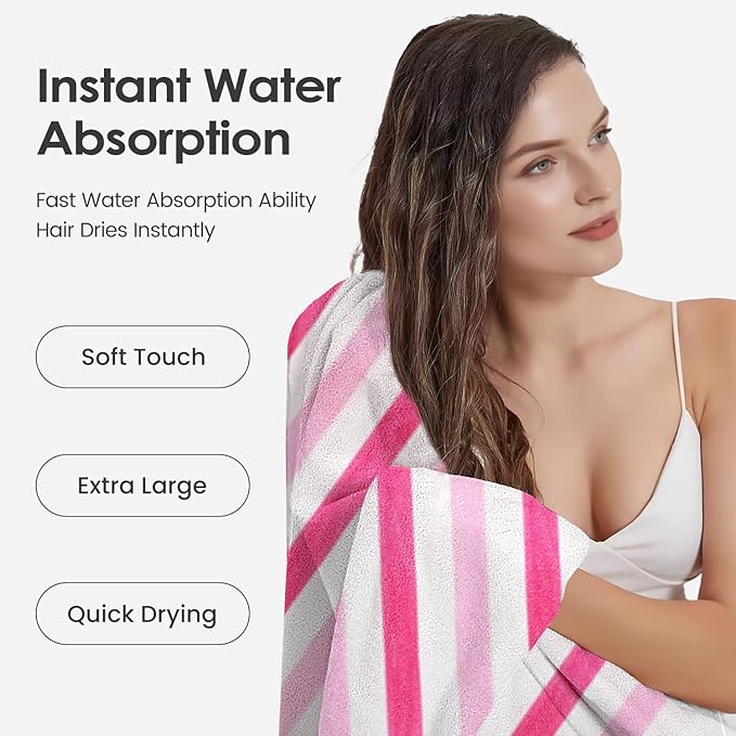 Microfiber Bath Towels Set of 4, Large Bathroom Towel for Adult, 30" x 60", Soft, Super Absorbent & Fast Drying, Use for Shower, Sauna, Sport, Fitness, Yoga, Cabana Stripe Pink