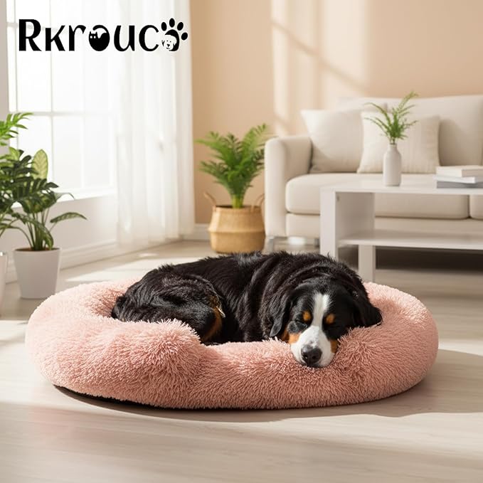 Fluffy Dog Bed Calming Donut Beds for Large Dogs Warming Round Small Medium Pet Nest Cozy Cat Mattress Indoor Washable Puppy Kennel Kittens Sleep Mat (L, 35.4×35.4 inch, Fresh Pink)