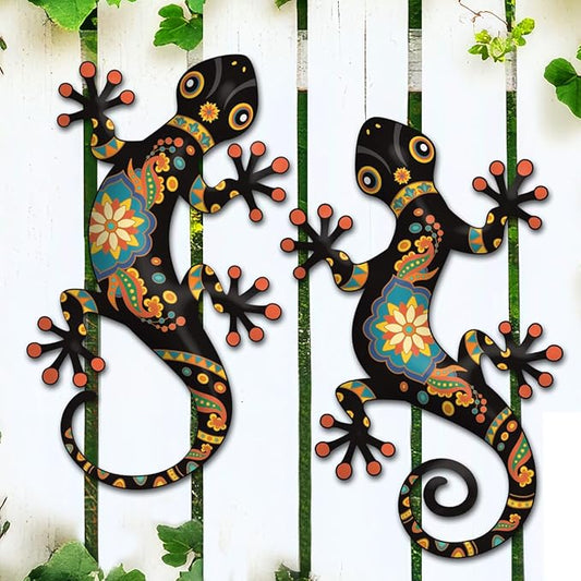 Metal Gecko Outdoor Decor -2 Pack 11.8 inch Metal Lizard Wall Hanging Sculpture Decoration for Indoor or Outdoor, Garden Yard Fence Porch Wall Decorations (Black)