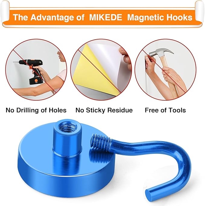 MIKEDE Magnetic Hooks, 85Lbs Strong Neodymium Magnets with Hooks for Cruise, Heavy Duty Earth Magnets Hooks for Refrigerator Hanging, Magnetic Hanger for Cabins, Grill (Blue, 10 Pack)
