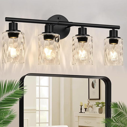 4-Light Bathroom Light Fixtures, Matte Black Vanity Lights with Water Ripple Clear Glass Shade, Bathroom Wall Lamp for Mirror, Kitchen, Living Room, Hallway, Cabinet, Porch