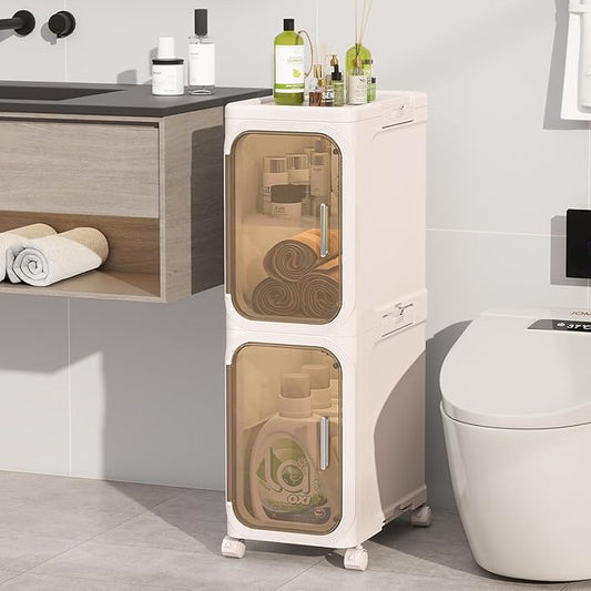KHNR 2-Tiers Slim Bathroom Storage Cabinet, Foldable Storage Cabinets,Narrow Bathroom Storage,Movable Bathroom Storage Organizer for Small Spaces,Bathroom,Kitchen,Laundry,Cream White