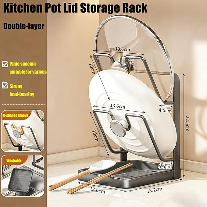 Kitchen Pot Lid Storage Rack, Stainless Steel Pot Lid Organizer & Holder, Lid and Spoon Rest with Drip Tray While Cooking, Space Saving for Countertop, RV, and Small Kitchens (Gray)