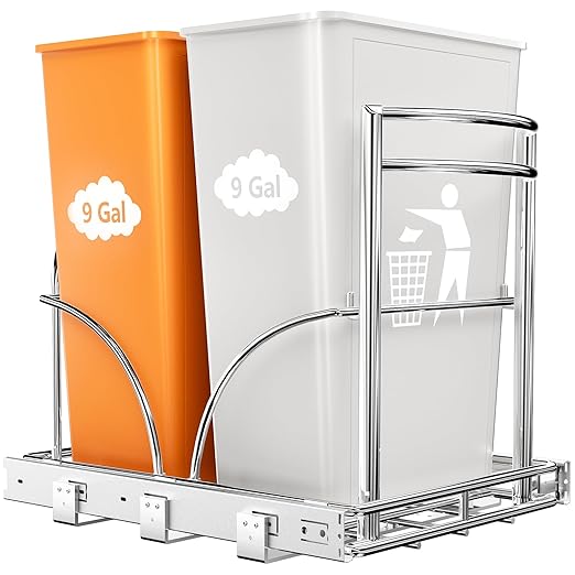 ANASTA Dual Pull Out Trash Can Under Cabinet Rack, No Can Included, Under Sink Trash Can Pull Out Holds Double 7-9 Gal/2 * 35 Qt Recycle Bin Garbage Can Combo, Inside Cabinet Size ≥16''W 22" D 17''H