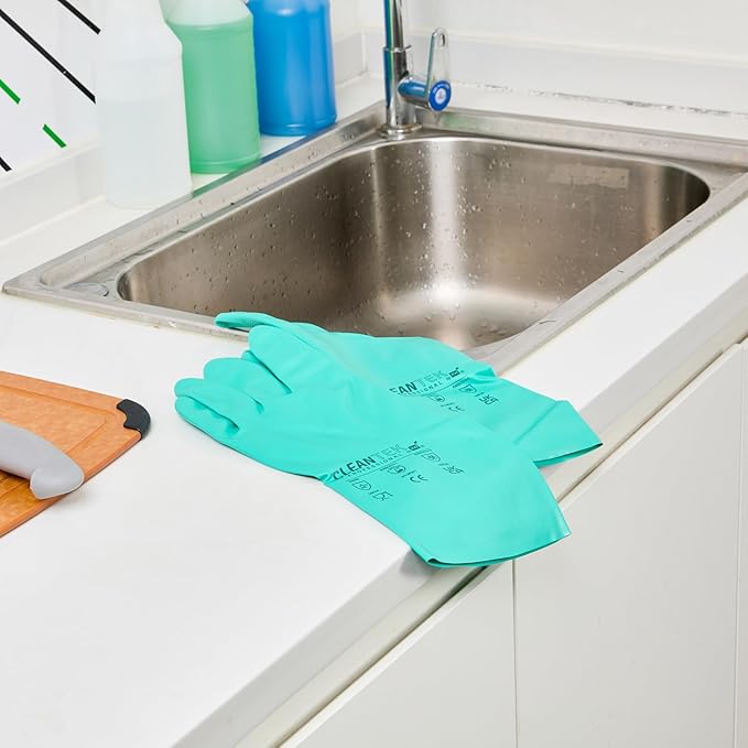 Green Cleaning Gloves 10 Pairs 15 Mil Thick Large Heavy-Duty Nitrile Gloves With Long Cuff No-Latex Flock Lining For Use In Hospitals, Laboratories, Kitchens and Households
