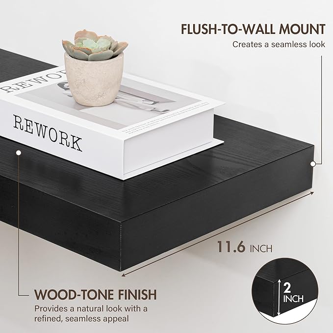 36 Inch Floating Shelves, 12" Deep Floating Shelf Wall Mounted, 36" Wall Shelves, Rustic Deep Bookshelf, Extra Deeper & Thicker Display Shelves for Bedroom, Living Room, Black, Set of 2