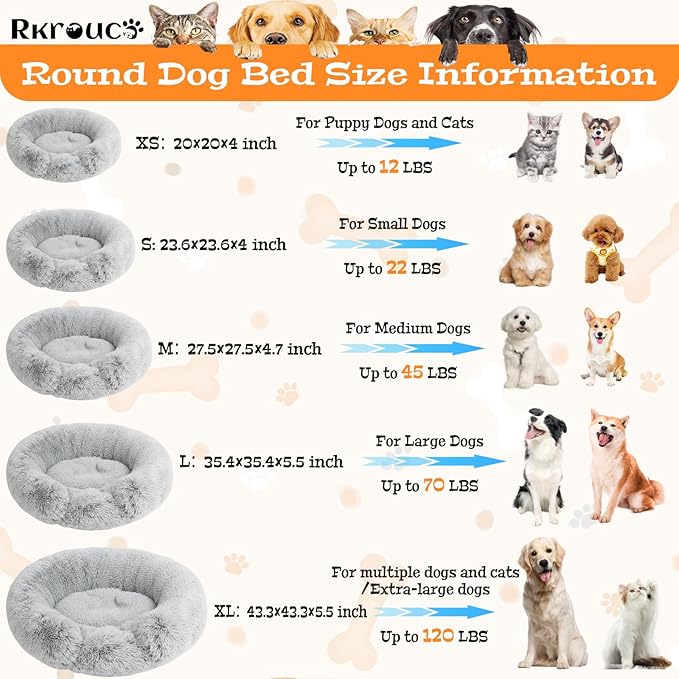 Fluffy Dog Bed Calming Donut Beds for Large Dogs Warming Round Small Medium Pet Nest Cozy Cat Mattress Indoor Washable Puppy Kennel Kittens Sleep Mat (L, 35.4×35.4 inch, Light Gray)