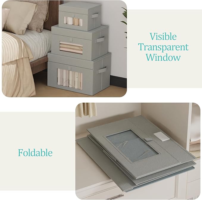 Transparent Window Storage Bin, Cube Organizer Basket with Flip-Top Lid and 2 Handles, Decorative Boxes with Cover, 4 Pack, Grey, 10.2 x 7.9 x 6.7 In, XSNY17GS-4