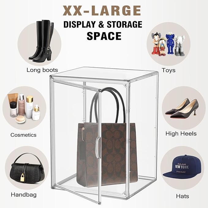 XX-Large Clear Handbag Storage Organizer for Closet 15.3‘’ Tall Acrylic Display Case Clear Purse Organizer Stackable Storage Box for Boots, Big Tote Bag, Collectibles, Cosmetic, 2 Pack
