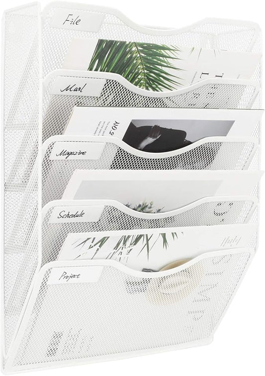 EasyPAG Wall File Organizer 5 Tier Hanging Paper Folder Holder, Zero Assembly Metal Mesh Wall Mounted Mail Organizer for Office Home Classroom Narrow Spaces, White