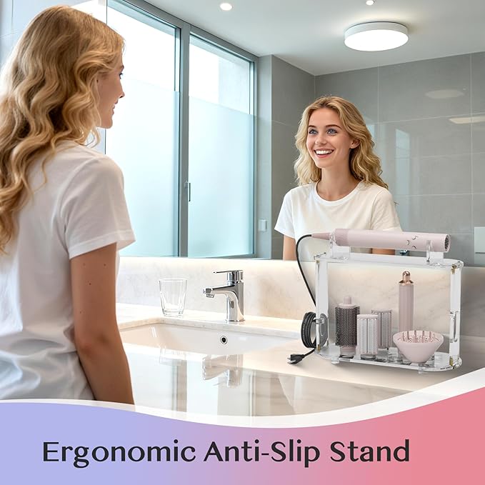 Upgraded 6-Hole Storage Holder for Shark FlexStyle - Acrylic Hairdryer Organizer with Cord Hanger, Compatible with Shark Diffuser, Curlers & Brushes Attachments for Bathroom Vanity and Hairsalon