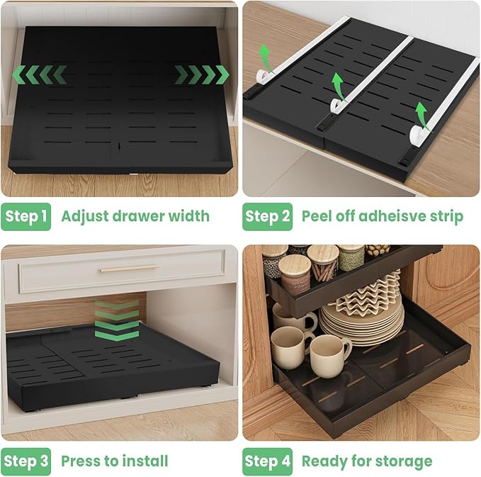 2 Pack Expandable Pull Out Cabinet Organizer, 21" Depth, for Kitchen Cabinets, Upgrade 3 Slide Slide-Out Drawers, Adjustable Width 12.05" - 20.5", Black