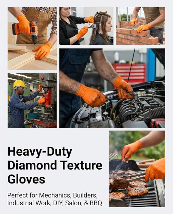 wcy 9 Mil Heavy Duty Orange Nitrile Gloves,Raised Diamond Texture Grip,Industrial Mechanic Rubber Gloves Disposable Latex Free Chemical Resistant Guantes for Work,Cooking,Food Safe - XLarge,80Count