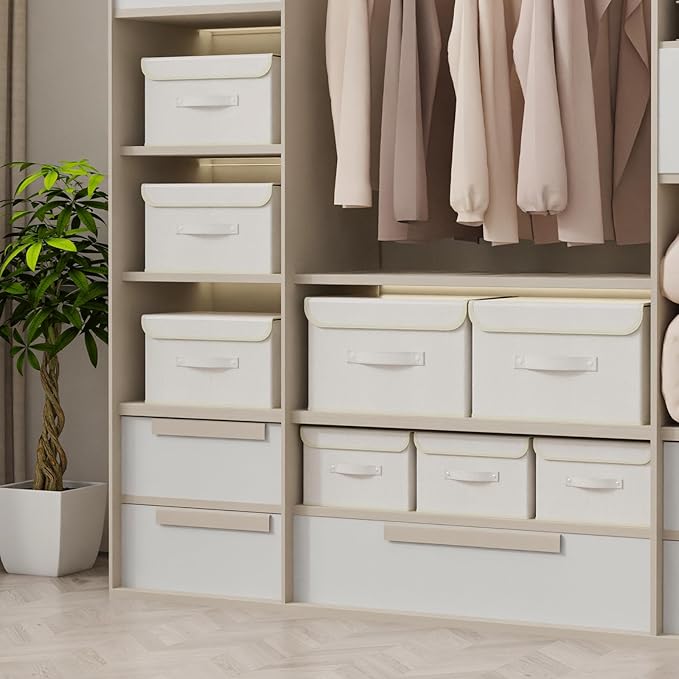 Fabric Storage Bins Cube Organizers with Flip-Top Lid and Handles, Storage Boxes for Organizing Home, Office, and Closet, Beige, 5 Pack 10.2 X 7.9 X 6.7 in