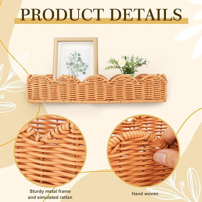 4 Set Nursery Book Shelves Scalloped Plastic Artificial Rattan Classroom Wall Shelf 15.8 Inch Wall Mounted Floating Bookshelve, Hanging Boho Wicker Woven Shelf for Bedroom Farmhouse Decor (4, Brown)