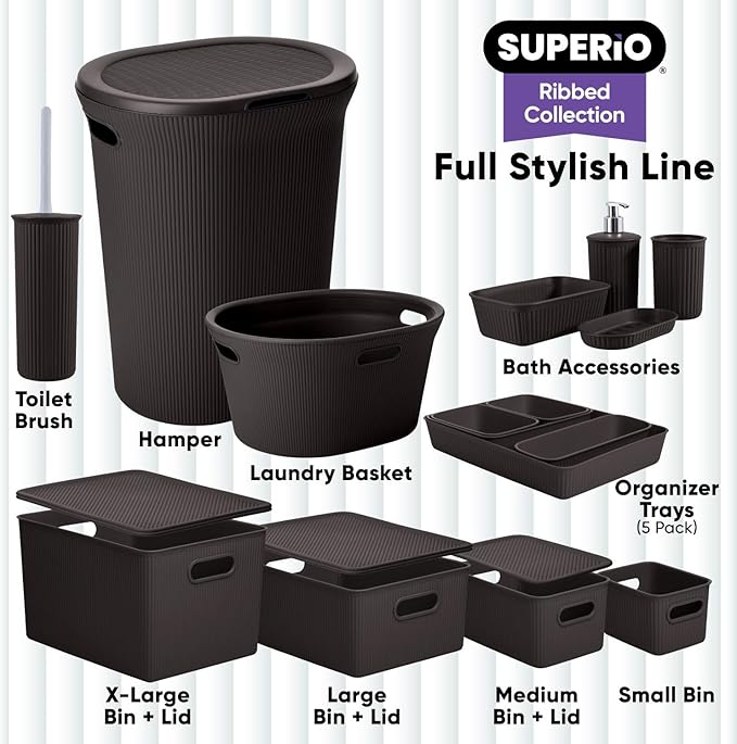 Decorative Plastic Basket Lidded Home Storage Bins Organizer Baskets, Large Brown (1 Pack - 15 Liter) Stackable Container Box, for Organizing Closet Storage Bins for Shelves - Ribbed Collection