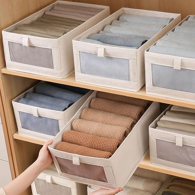 Linen Closet Organizers and Storage, 4 Pack Storage Bins Linen Clothing Organizer Baskets with Mesh Window, Foldable Closet Organizer for Clothing, Towels, Toys, Nursery, Books, Shelves (Beige)