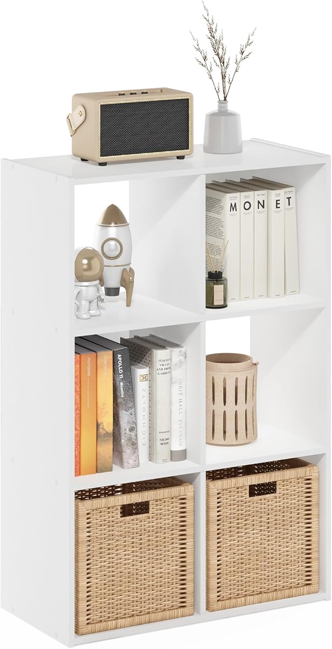 Furinno PELLI Book Shelf, 6 Cube Bookshelf with Open Back & Closed Back Cubes, 3 x 2 Storage Organizer Cabinet, 11.6" x 24.2" x 35.9", for Living Room, Bedroom, Home Office, White