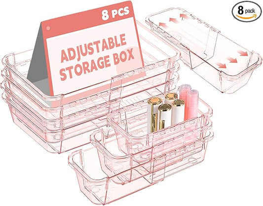 8 Pcs Mixed Extendable Clear Drawer Organizer, All Adjustable Vanity Storage Box, 2-Size Desk Drawer Organizer, Acrylic Storage Bins for Makeup, Bedroom Dressers Tool Organizer for Gadgets, Pink