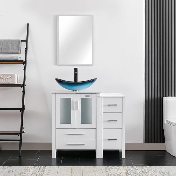 eclife 36" Modern Bathroom Vanity Sink Combo Freestanding Cabinet with Small Side Cabinet, Blue Boat Glass Vessel Sink, Water Save Faucet, Drain (White+A29BU)