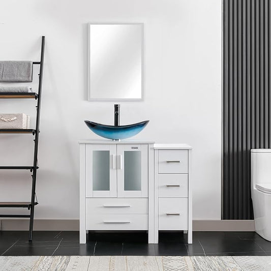 eclife 36" Modern Bathroom Vanity Sink Combo Freestanding Cabinet with Small Side Cabinet, Blue Boat Glass Vessel Sink, Water Save Faucet, Drain (White+A29BU)