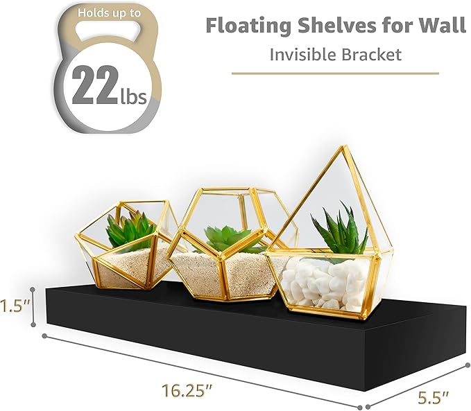 Floating Shelves for Wall – 16 Inch Floating Shelf for Kitchen, Bedroom, Living Room, Bathroom, Home & Wall Decor - Mounted Bathroom Shelves with Invisible Brackets (Black, 4 Pack)