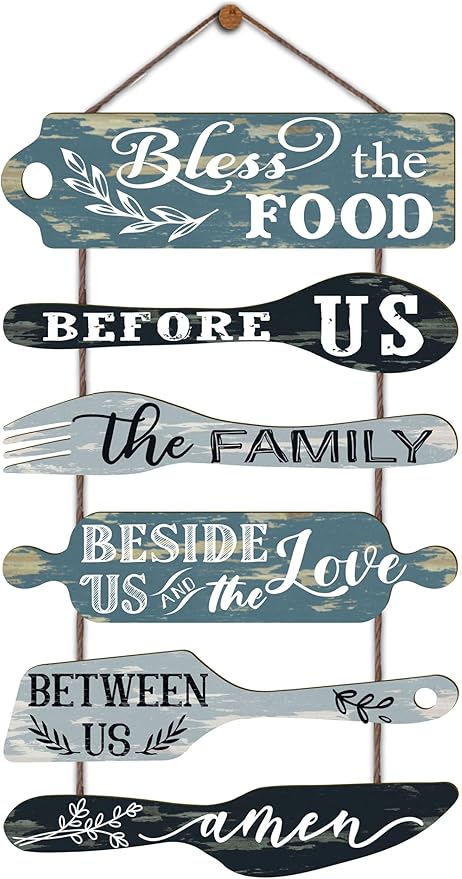 Bless the Food Before Us Farmhouse Kitchen Wall Decor - Dining Room Decorations Collage Wall Art in Neutral Teal/Aqua Color - Wooden Rustic 6pcs Roped Sign 25x14 Inches Vertical