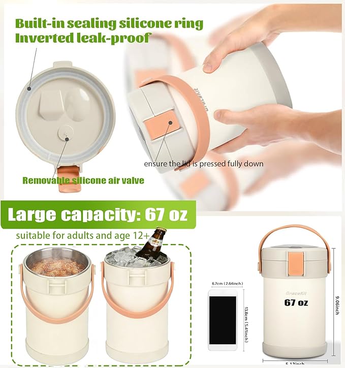 67 oz Audult Hot Food Insulated Food Container,2L 3 Layer Insulated Lunch Box Kit Stainless Steel Vacuum Soup Food Thermo Stackable Hot Food Jar Bento Box for Men, Women-Opaline