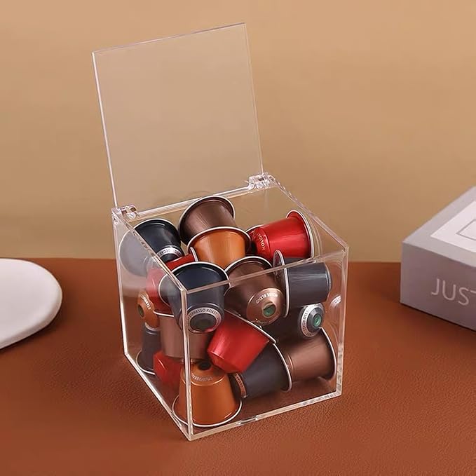 Large Acrylic Storage Box Coffee Pod Holder Clear Acrylic Hinged Lid Box Organizers Accessories Anti Dust Durable Clear Acrylic Box for House and Office Use, Transparent Box