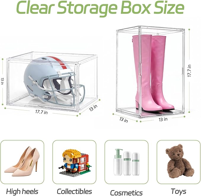 Extra Large 17.7" x 13" x 13" Clear Stackable Storage Bins, Acrylic Display Case with Lids, Storage Bins for Football & Motorcycle Helmet Showcase, Basketball, Large Figures Collectibles (1 Pack)
