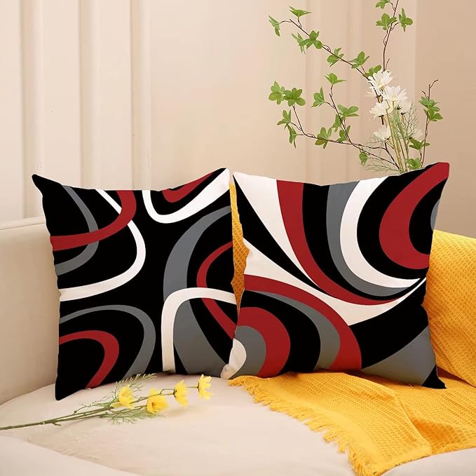 Red and Black Throw Pillow Covers 18x18 Set of 4,Grey Modern Abstract Pillowcases,Gray Geometric Circle Pattern Decor for Sofa Couch Living Room Bedroom Home Outdoor