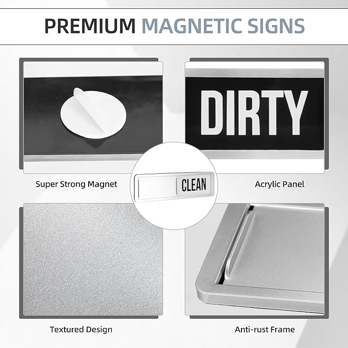 Dishwasher Magnet Clean Dirty Sign, Strong Magnet Clean Dirty for Kitchen Refrigerator, Easy to Read and Slide, Self-Adhesive Stickers for Non-Magnetic Dishwasher（Black White）