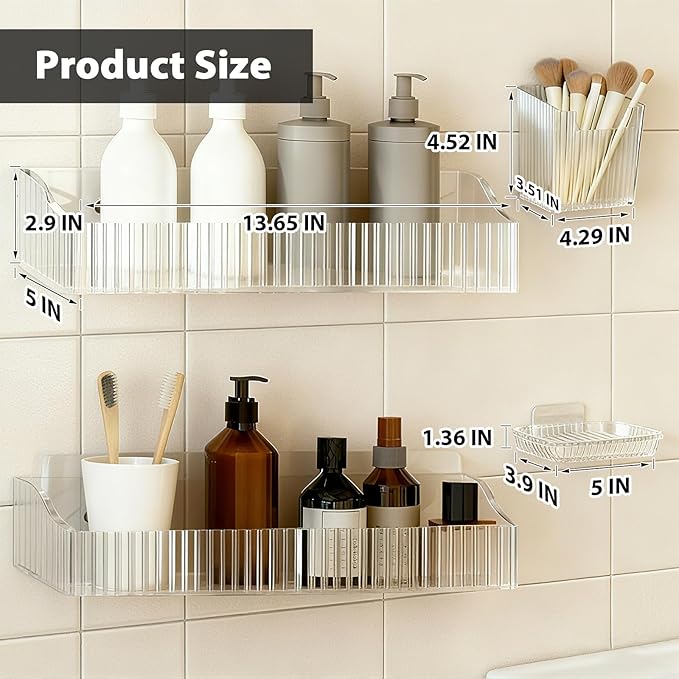 4 Pack Acrylic Shower Caddy Adhesive, Clear Shower Shelves No Drilling with Soap Holder & Toothbrush Holder, Bathroom Wall Shelf