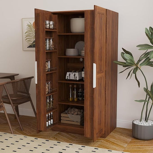 KEIKI 63" Tall Kitchen Pantry Storage Cabinet with Door-Side Rack & Shelves, Freestanding Wood Hutch Food Pantries Cupboard for Coffee Bar, Dining Room