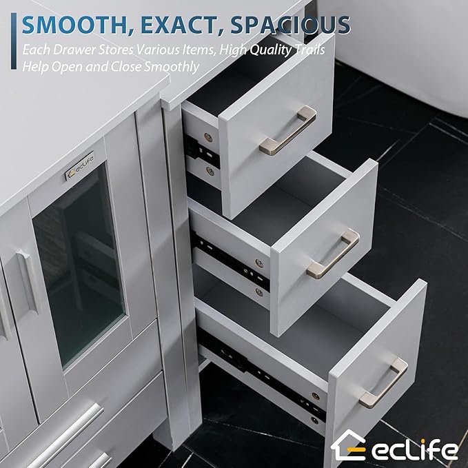 eclife 72" Modern Bathroom Vanity Sink Combo Freestanding Cabinet with Small Side Cabinet, Clear Round Glass Vessel Sink, Water Save Faucet, Drain (Gray+A16)