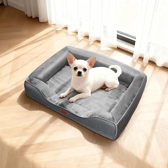 Orthopedic Dog Beds for Small Dogs with Removable Washable Cover,Cooling Gel Memory Foam with Egg-Crate Foam & Foam Sides Bolster Waterproof,Relieves Joint Pain,24"x18"x6"Dark Grey