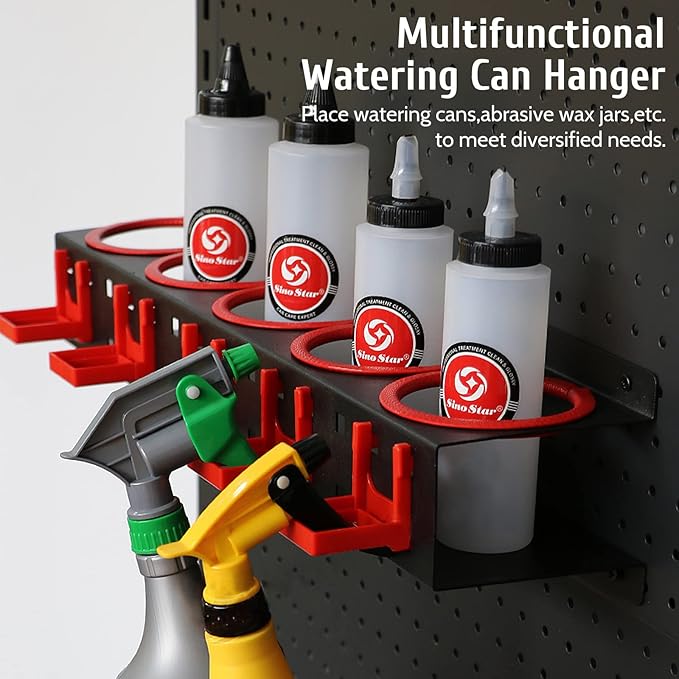 Spray Bottle Storage Rack,Wall-mounted Garage Bottle Organizer with 5 Plastic Hanging Hooks Cleaning Detailing Tools Hanger,Abrasive Material Hanging Rail Car Beauty Shop Accessory