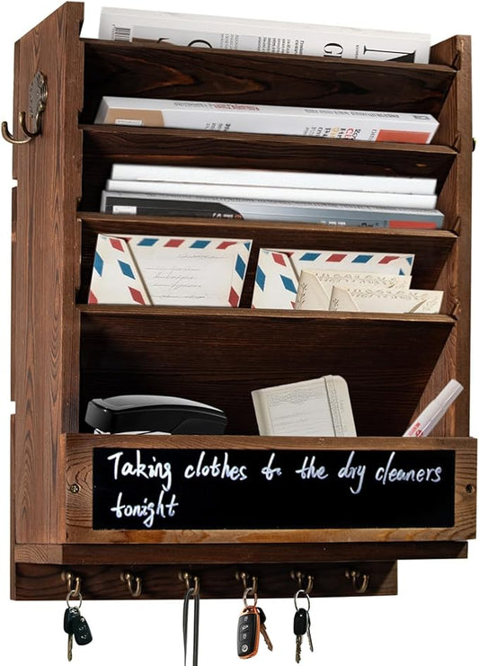 Rustic wall mail organizer,Key and Mail File Holder for Wall Mount，with 6 Key Hooks 2 Double Key Hooks A blackboard,for Home,Office, Classroom,Entryway Decor (brown)
