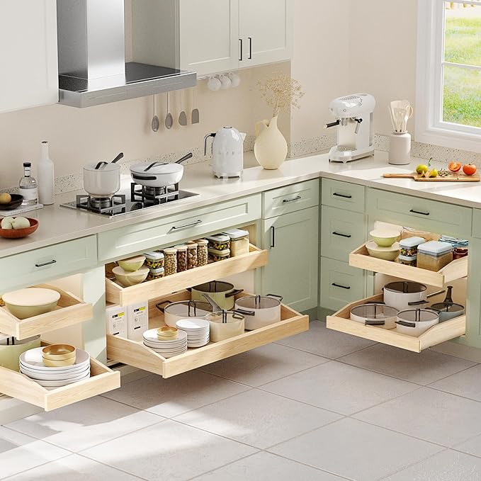 ROOMTEC Pull Out Cabinet Organizer with Soft Close, 22-1/2" W x 21" D, Pull Out Cabinet Drawer for Kitchen cabinets, Pull Out Cabinet Shelf, Finished, Bottom Assembly, 2PCS