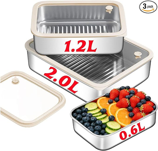 3-Pack Extra Thick 304 Stainless Steel Storage Containers Set, Non-Stick Bottom Food Storage Boxes with Airtight Glass Silicone Lids, Stackable Kitchen Organizers for Meal Prep & Pantry Storage