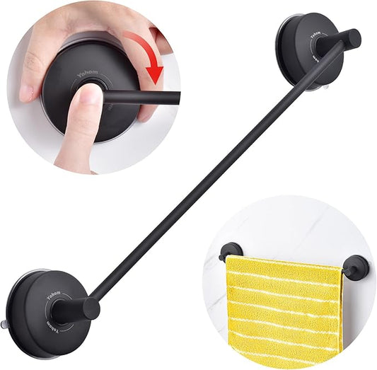 YOHOM Suction Cup Towel Bar for Shower 17 Inch Stainless Steel Bathroom Towel Rack Suction Washcloth Holder Vacuum Hand Towel Bar for Glass Shower Door Removable Towel (17inch-Black)