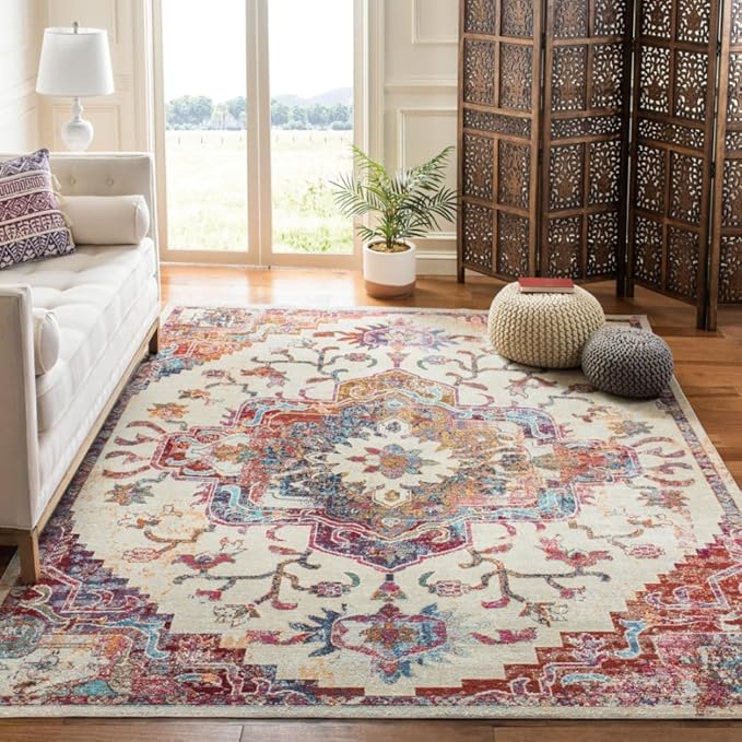 SAFAVIEH Crystal Collection Area Rug - 10' x 14', Light Blue & Burgundy, Medallion Distressed Design, Non-Shedding & Easy Care, Ideal for High Traffic Areas in Living Room, Bedroom (CRS501F)