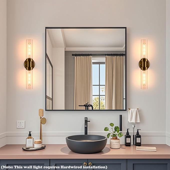 Modern Gold Wall Sconce with Clear Glass Shade 2-Light Bathroom Vanity Lights 20-Inch Brass Glass Wall Light Fixtures for Hallway Staircase Living Room