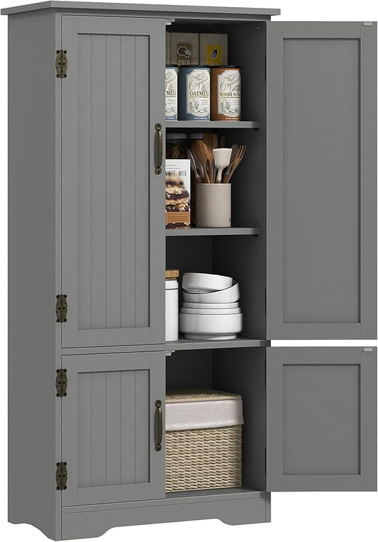HOMCOM 48.5" Kitchen Pantry Cabinet with 2 Adjustable Shelves and 4 Beadboard Doors, Compact Farmhouse Kitchen Storage Cabinet for Dining Room, Gray
