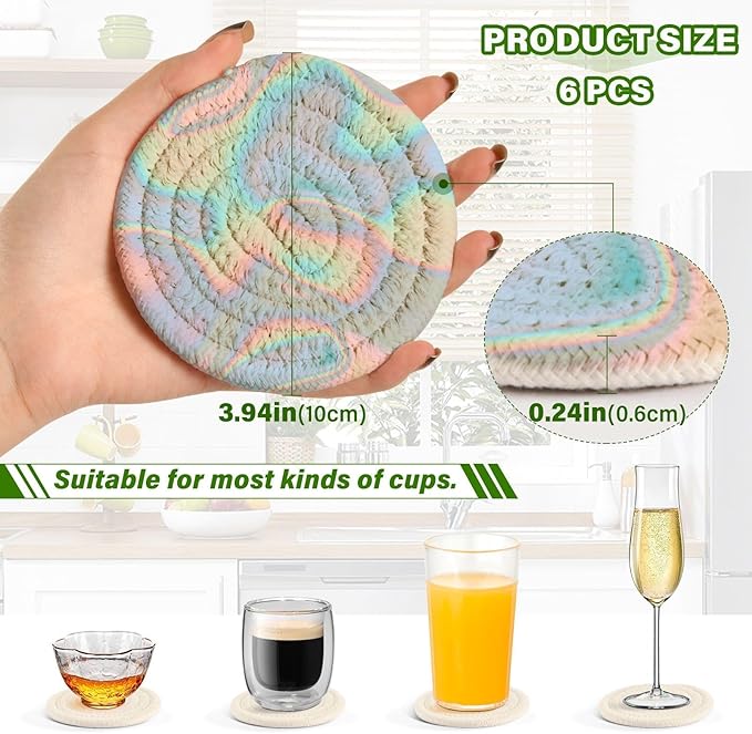 Holographic Blue Drink Coasters, Handmade Cotton Absorbent Coaster Set of 6, Minimalist Home Decor for Coffee Table, Kitchen, Housewarming and Wedding Registry Ideas