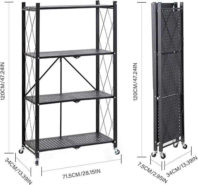 Folding Shelf Foldable Shelves with Wheels - Folding Shelves No Assembly , Collapsible Shelf Unit Display, Kitchen Organizers and Storage, Pop Up Heavy Duty Rack , 4-Tier Black 28"D x 14"W x 49"H